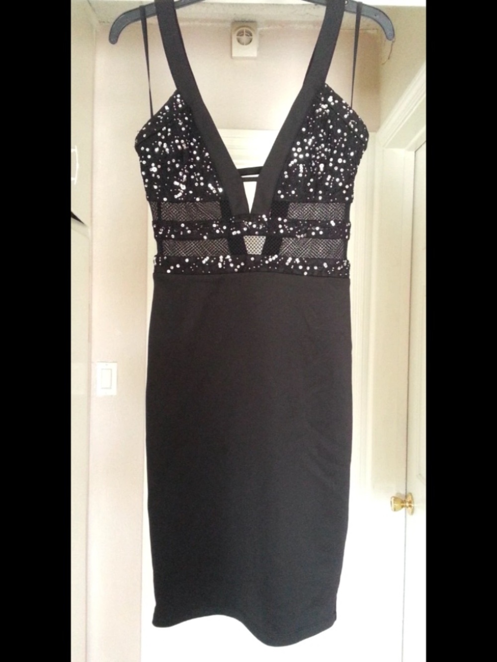 NWT bebe Black sequin Lace mesh Deep V Neck cutout bodycon top dress S Small
